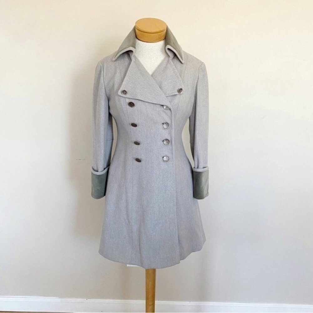 Vintage 1960s Wool Military Coat Gray Velvet Collar Frock Peacoat Women’s S 4